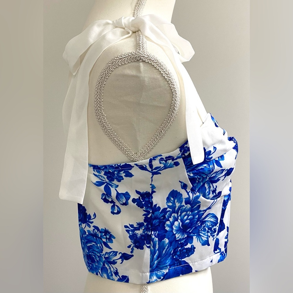 Joress Womens M Blue White Floral Corset Crop Top Boho Y2K Fairy Cottagecore - Picture 8 of 14